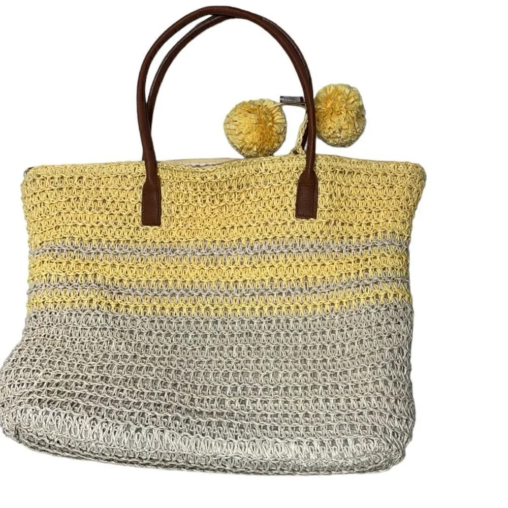 Merona Striped Woven Straw Pom Pom Tote Nag. NWT.